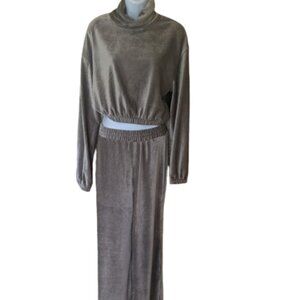 Silver Gray Velour Cropped Sweater and Pants Set Size Small